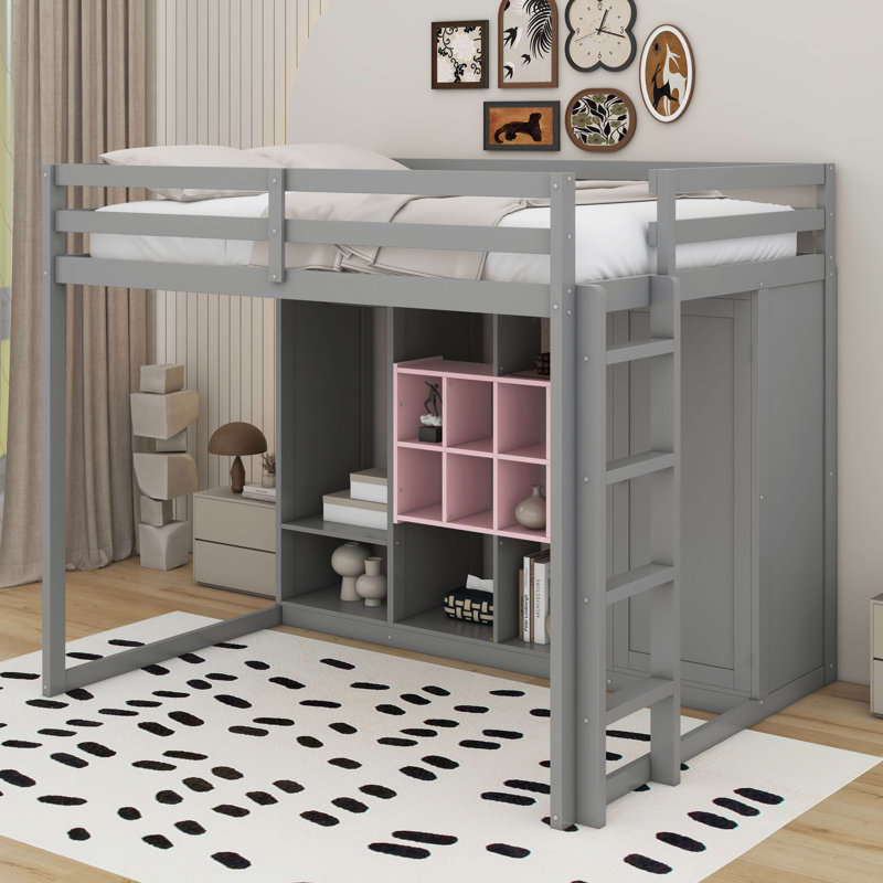 Full Size Wood Loft Bed With Wardrobe, Shelves And Cabinet, Gray/Pink, Full