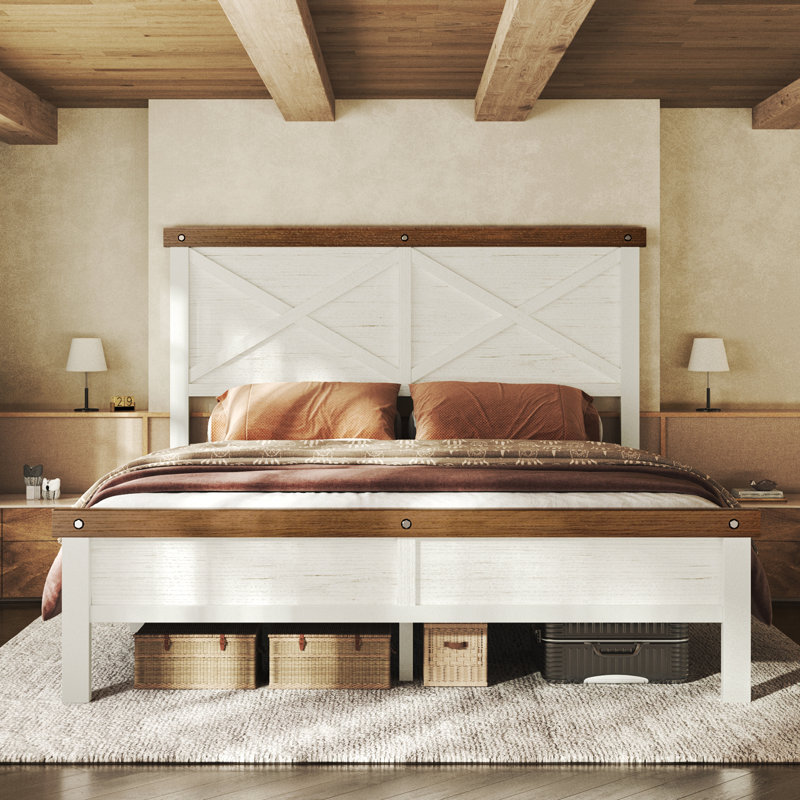 Farmhouse Twin Size Bed Frame with 51.2" Tall Geometric Headboard,Modern Platform Bed with Under Bed Storage, All-Metal Support System, No Box Spring Needed, Easy Assembly,Antique White