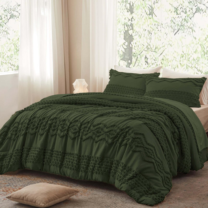Ensemble d'édredon touffeté 3 pièces Boho Farmhouse, Édredon pour très grand lit + 2 taies décorativ, Vert olive