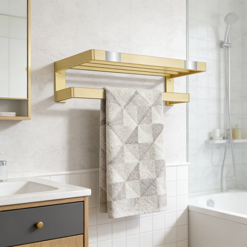 Porte-serviettes double avec barre à serviettes, quincaillerie de salle de bain en acier inoxydable doré brossé de 23,6 po et accessoires pour le rangement de salle de bain moderne