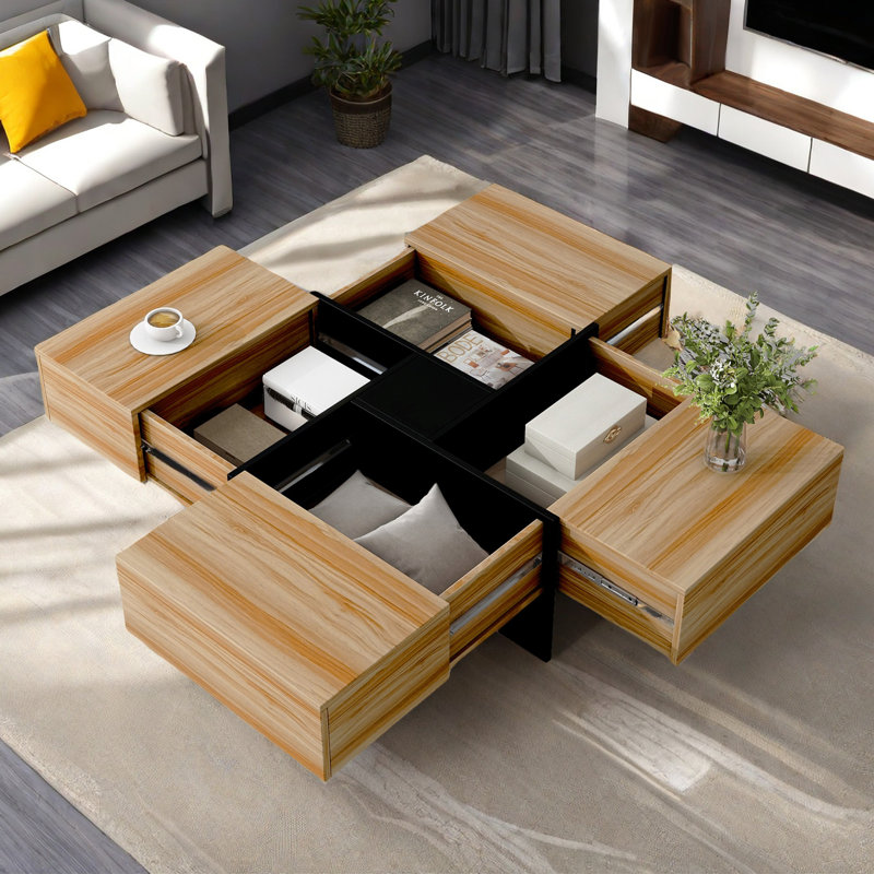 Coffee Table with 4 Hidden Storage Compartments, Sliding Top, High-Gloss, Brown