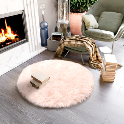 Diller Soft Pink Faux Sheepskin Fur Machine Washable Shag Fluffy Area Rug