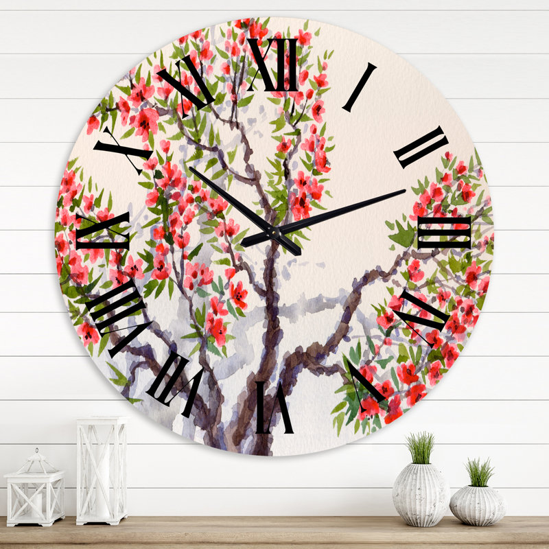 Fleurs rouges sur l'arbre en fleurs II - Horloge murale traditionnelle, Moyenne