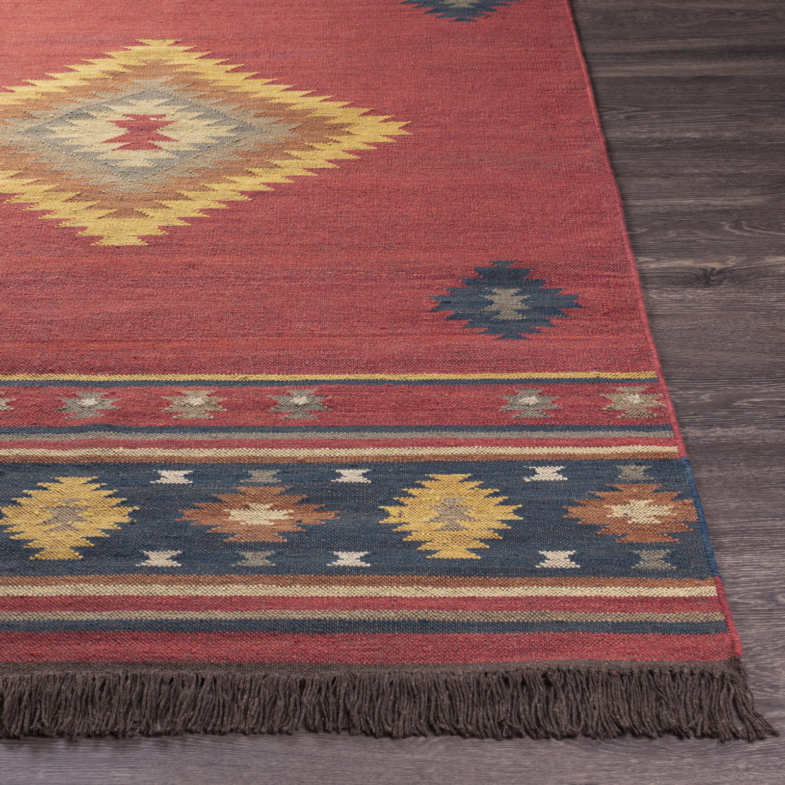 Mystica Dark Red Navy Hand-Woven Wool Rug, Rectangle 10' x 14'