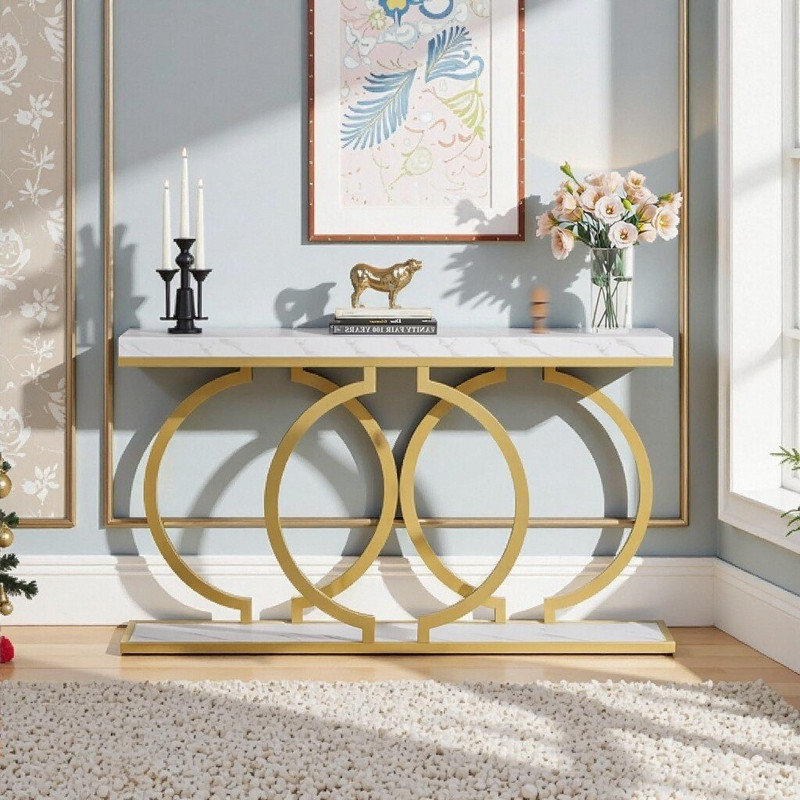 Console moderne en faux marbre 55,1 pouces avec base géométrique en métal