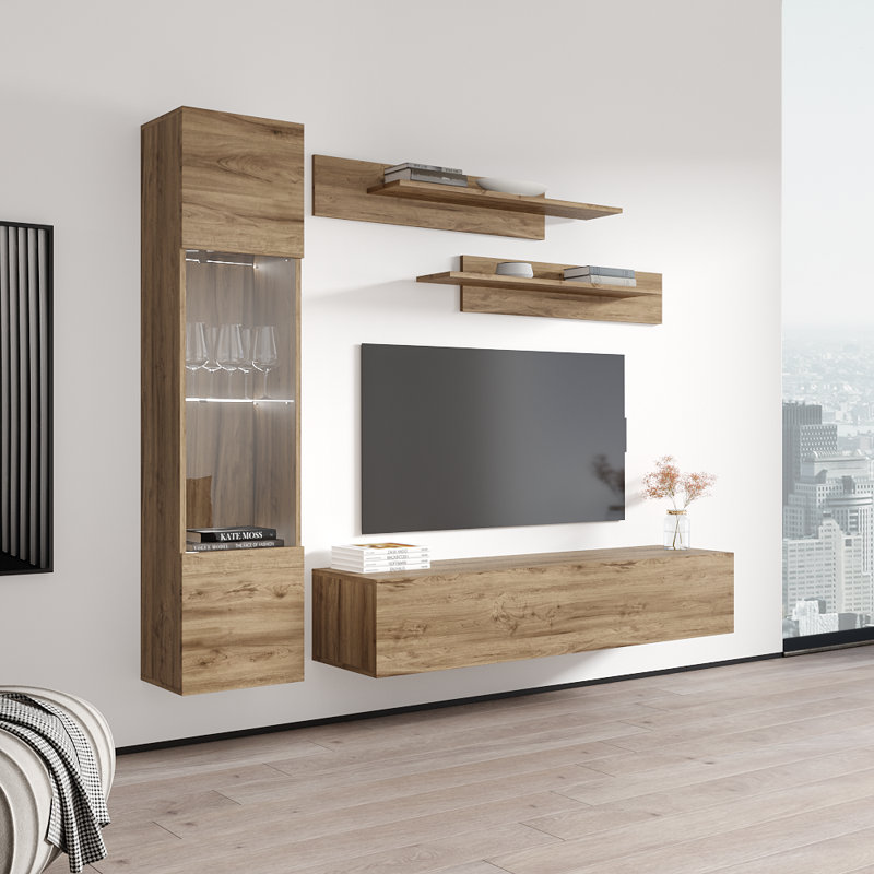 Viroqua 85" Modern Floating Wall Mounted Entertainment Center with 16-Color LED Lighting, High Gloss Finish, Oak