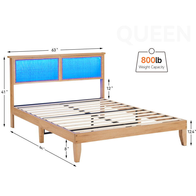 Structure de grand lit en rotin naturel avec tête de lit à DEL et pieds en bois, aucun sommier nécessaire, Grand