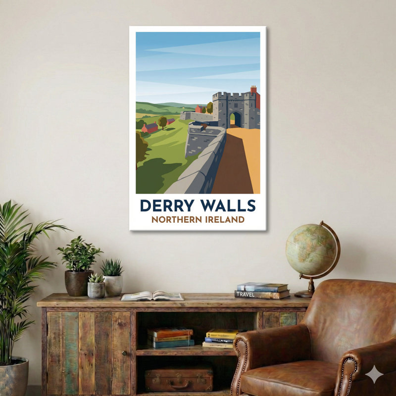 Derry Walls, Northern Ireland - Romantic Walled City Travel Poster. Giclee Print On Wrapped Canvas. Wall Art, Home Decor - Historic Sites & Ruins, Northern Ireland - Wrapped Canvas Print
