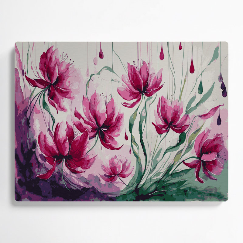 Art mural en métal beige botanique fuchsia, H 11 po x l 14 po