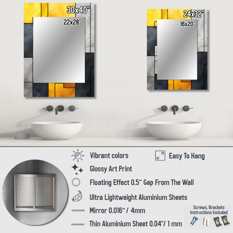 Yellow and Grey geometric fusion 5 - Geometric Unique Wall Mirror, Yellow Mirror, Printed Metal Art, 40" x 30"