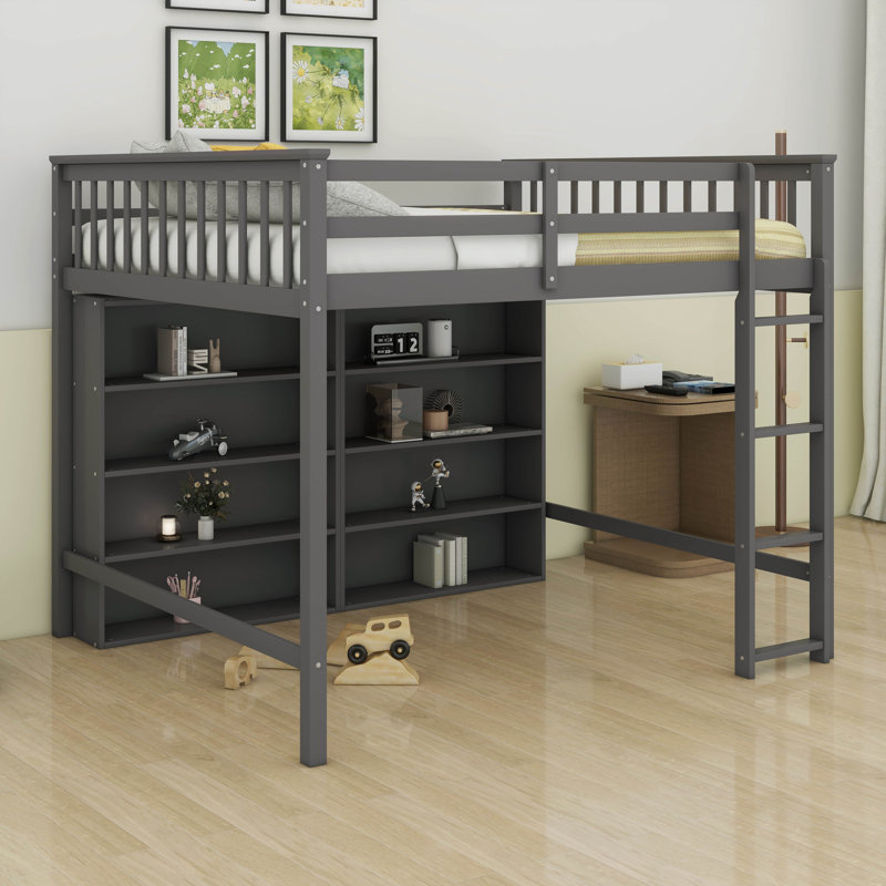 Full Size Loft Bed With Storage, Wooden Loft Bed Frame With 8 Open Storage Shelves And Built-In Ladder, Antique Gray