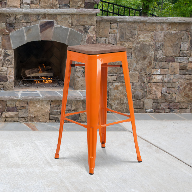 Tabouret de bar en métal sans dossier de 30 po de hauteur avec siège carré en bois Margherite, Orange, 30"