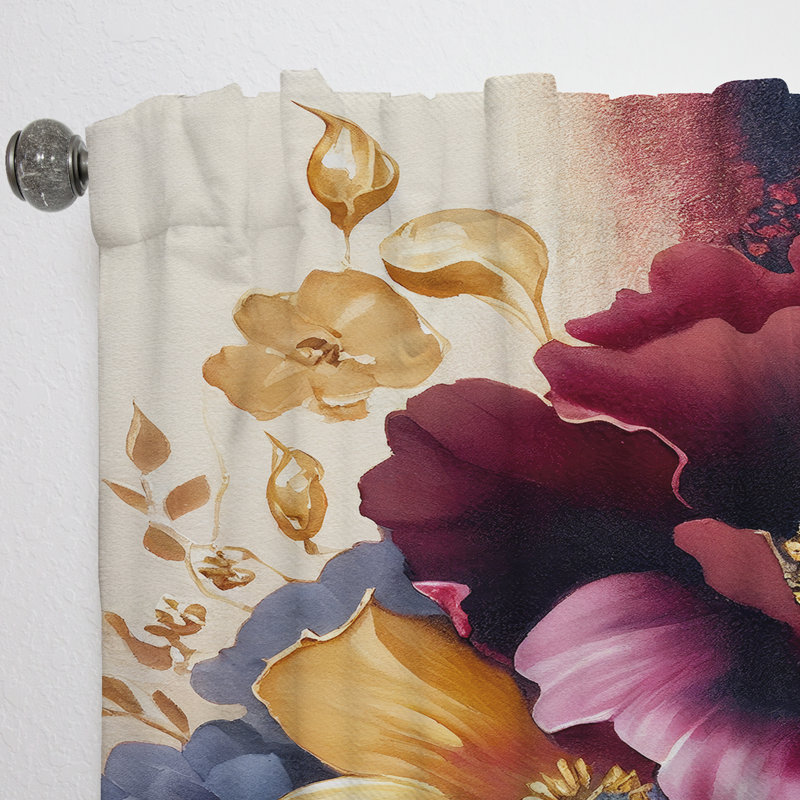 Rideau en velours floral bourgogne et bleu Floral Bunch II - 1 panneau, L 52 po x L 90 po