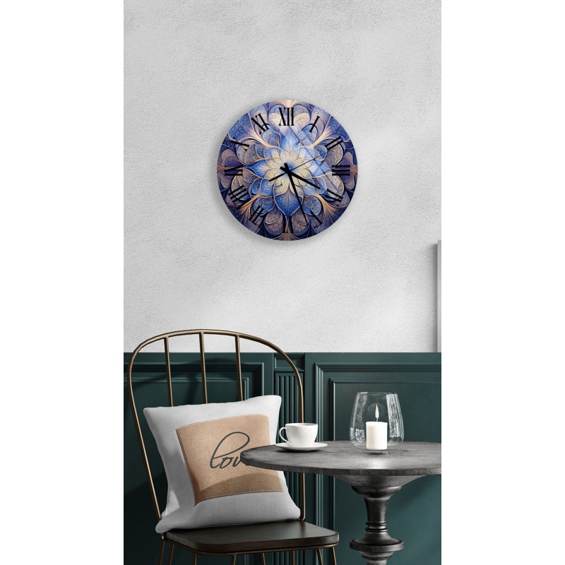 Horloge murale symétrique kaléidoscope en verre trempé à motif floral bleu et doré, Noir