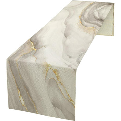 Abstract Marble Table Runner – White & Grey – Modern Luxury Ink Texture With Gold Veins For Home, Kitchen & Holiday Parties