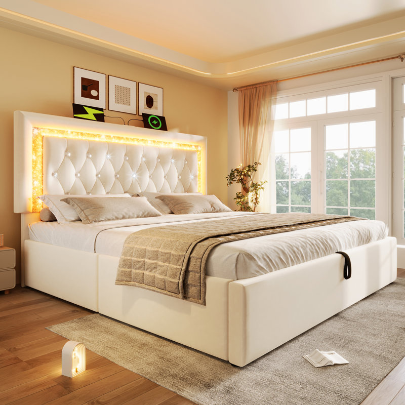 Upholstered Ottoman Storage Bed, Beige, Super King (6')