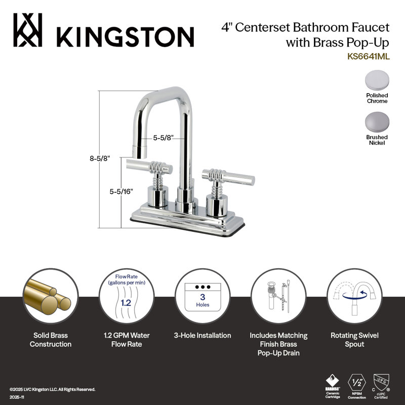 Kingston Brass Milano Double-Handle 3-Hole Deck Mount 4-Inch Centerset Bathroom Faucet With Brass Pop-Up, Brushed Nickel