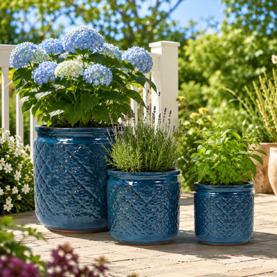 3 PCS Ceramic Planter, 9/12/15 Inch Deep Cylinder Planter with Drainage Hole, Large Plant Pots for Tree Foliage - Navy Blue