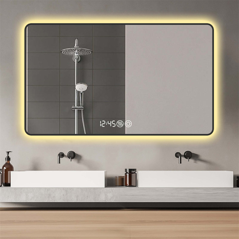 Miroir mural avec coins arrondis, affichage de la température, lumière tricolore, désembuage, cadre en alliage de haute qualité et verre trempé haute définition pour la salle de bain