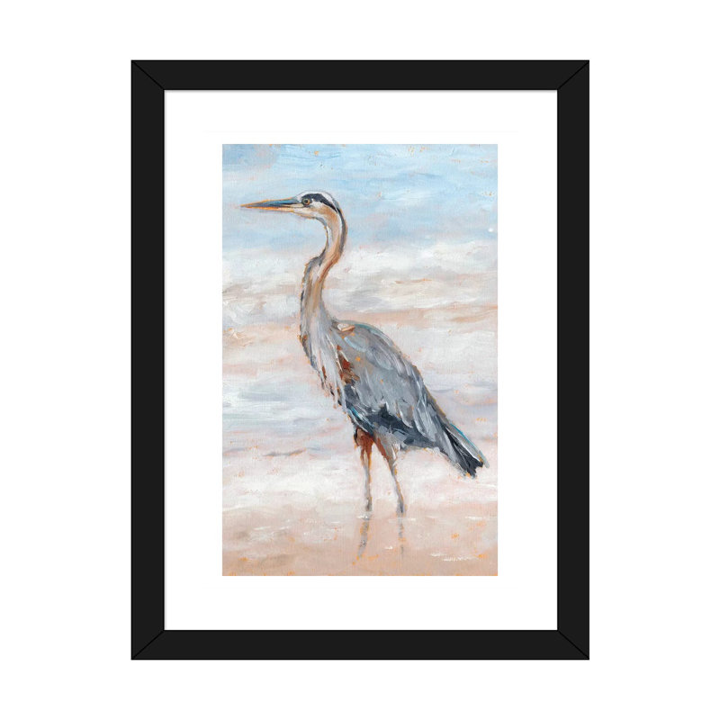«Beach Heron II» par Ethan Harper - reproduction d'art, H 32 po x l 24 po x P 1 po, Papier encadré noir, Blanc
