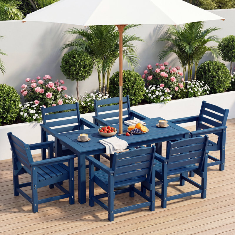 7-Piece HDPE Plastic Patio Outdoor Dining Set 6 Armchairs And 69" Table With 2" Umbrella Hole, Blue