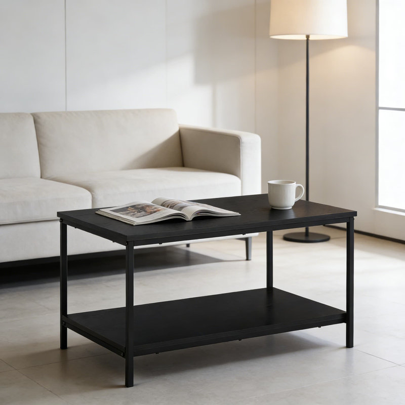 Table basse moderne moderne avec tablette inférieure, table de salon à deux niveaux, construction en bois durable avec pieds en métal