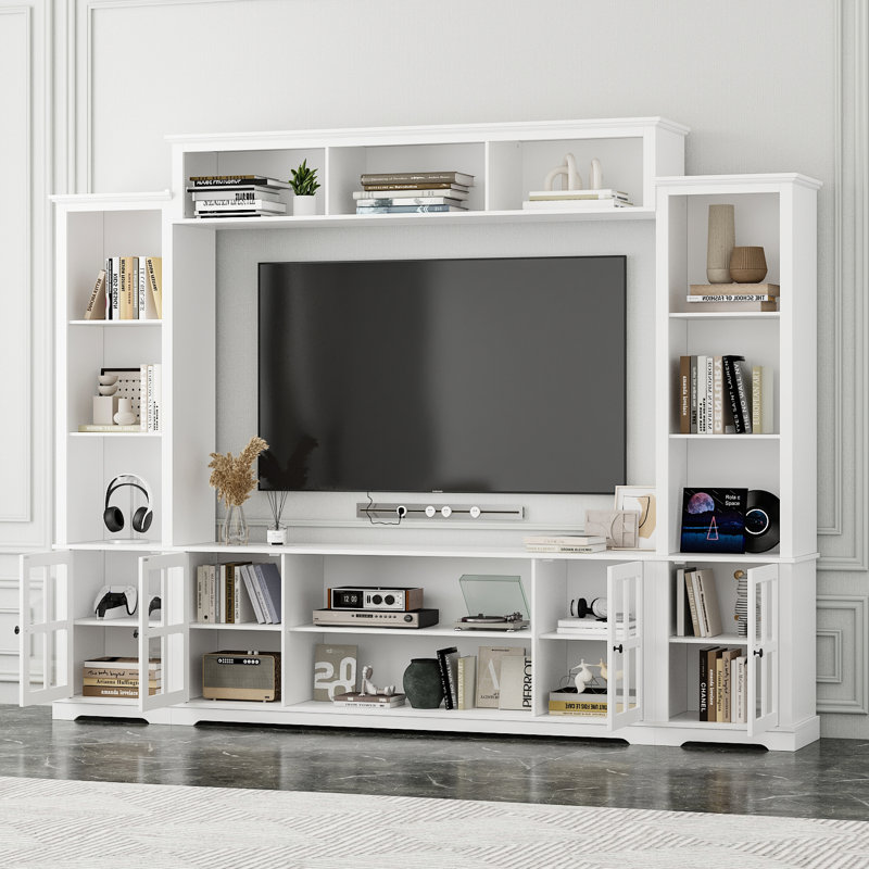 102'' W Entertainment Center With Glass Doors & Adjustable Shelves, White