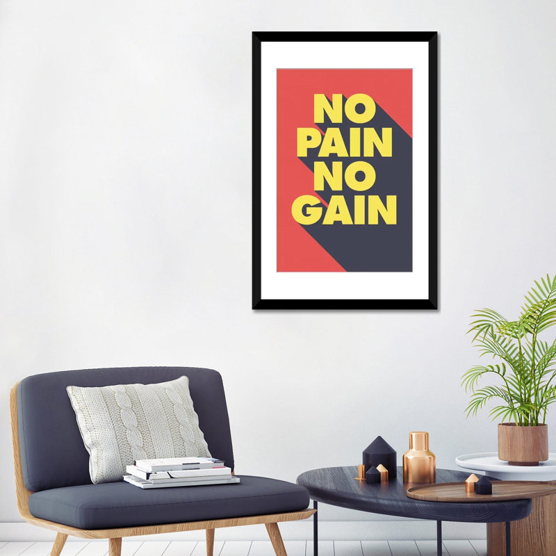« no douleur, no gain », art textuel sur toile, Blanc, Papier d'art encadré noir, H 32 po x l 24 po x P 1 po