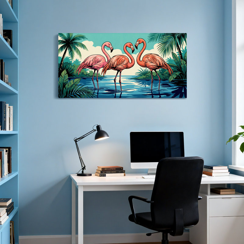 Animaux, flamants roses, debout dans l'eau, fond tropical, H 20 po x l 40 po