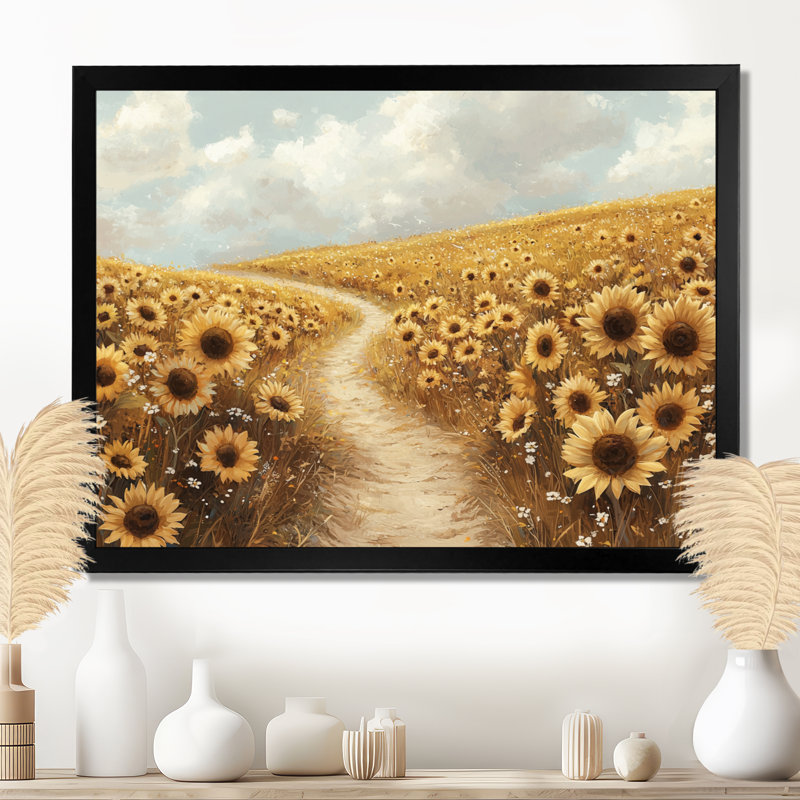 Tournesols Doward le long du chemin de terre - art mural tournesols, Reproduction encadrée d'une seule photo