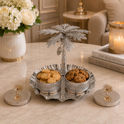 Silver Tree Metal Serving Tray with 2 Glass Bowls and Lids – Decorative Silver Finish, 24x24x21.5 cm