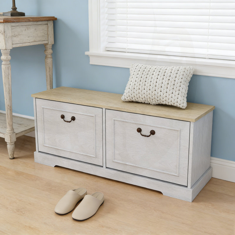 Tresa Bench With Flip Drawers And Adjustable Shelf For Entryway, Hallway, Or Bedroom Organization.