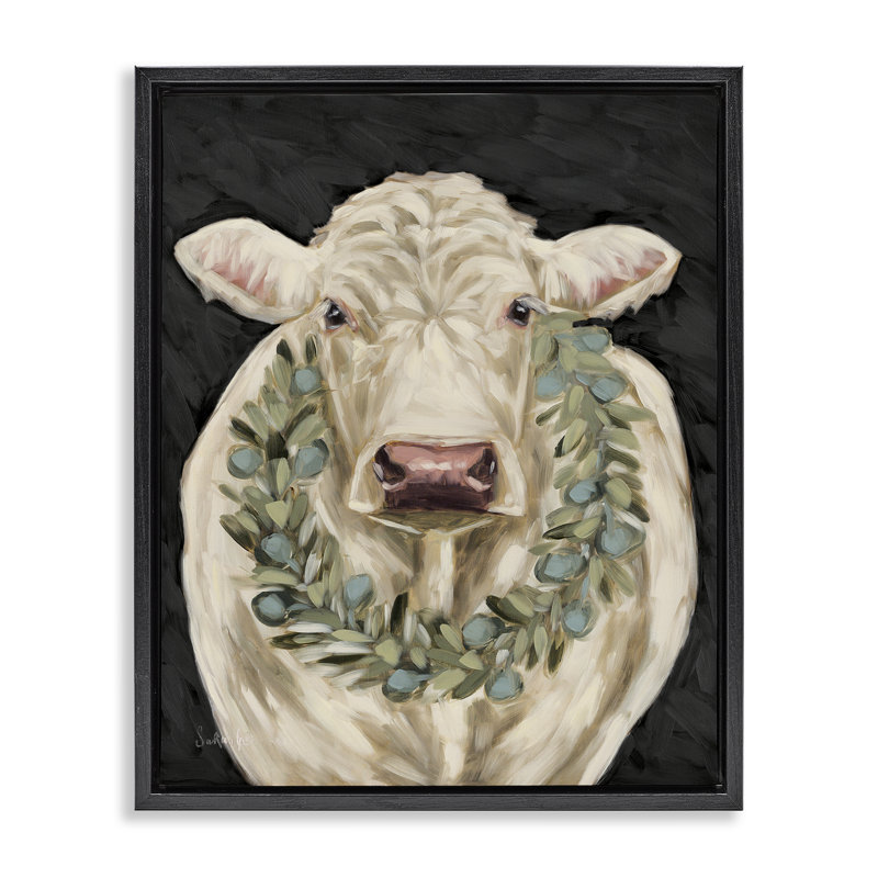 «Cow with Holiday Wreath», art mural sur toile par Sara G. Designs, H 31 po x l 25 po, Cadre flottant noir de jais