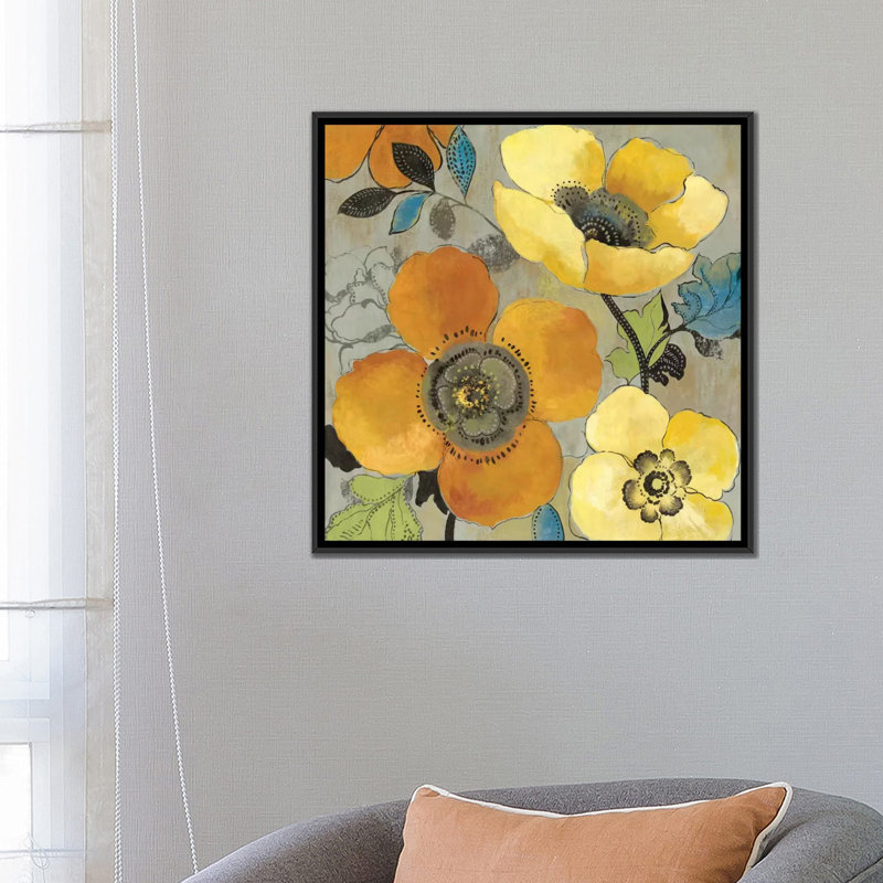 « jaune et orange », reproduction d’art sur toile, H 18 po x l 18 po x P 1,5 po, Toile avec cadre noir, Pas de tapis