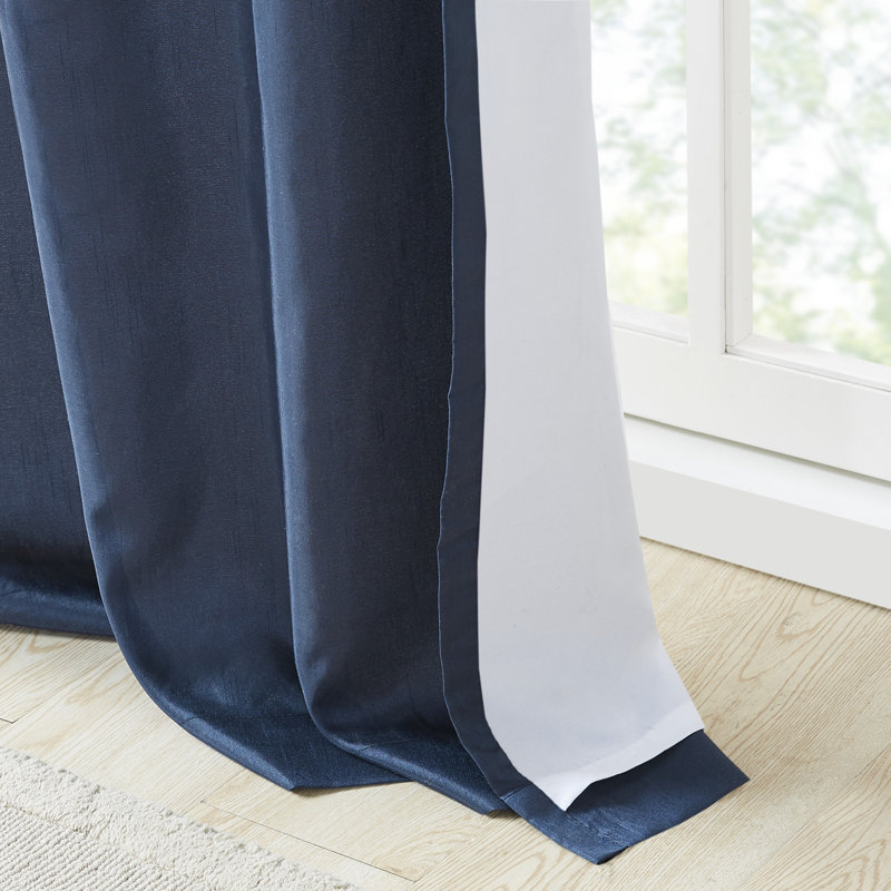 Navy Embroidered Light Filtering Pleated Curtain Panel