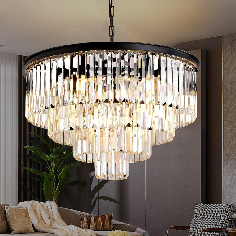 Lustre moderne en cristal noir avec conception à 4 niveaux, éclairage à intensité variable et chaîne réglable pour la salle à manger, le salon, la chambre à coucher et le vestibule