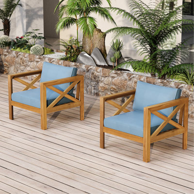 Fauteuil club bleu en bois avec coussin pour les espaces extérieurs, la finition et le coussin de siège spacieux, pour une utilisation confortable