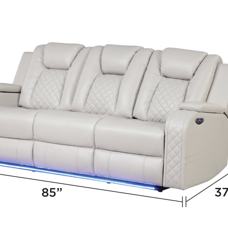 Power Reclining Sofa With Faux Leather, Adjustable Headrests, And Ambient LED Lighting For Ultimate Comfort And Style, Beige