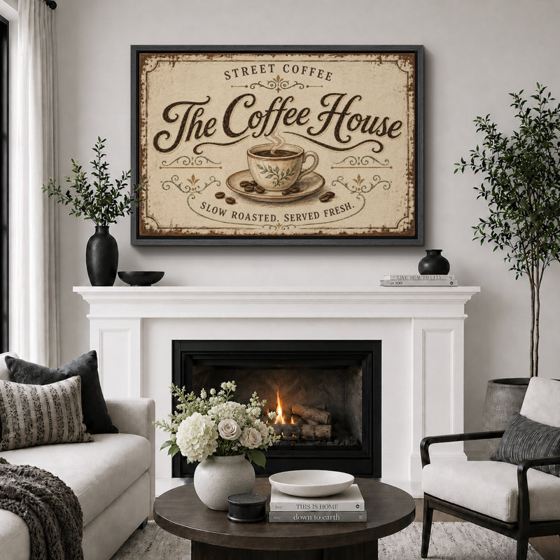 «Street Coffee The Coffee House», art rétro, impression sur toile, H 24 po x l 36 po x P 1,5 po, Cadre noir