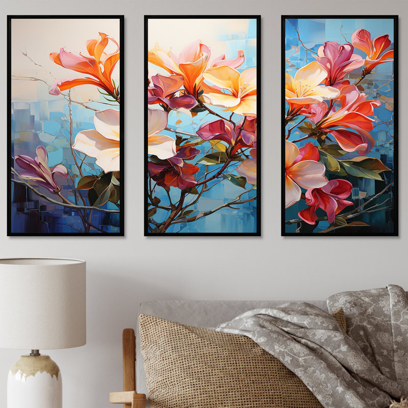 Floral Grace In Plumeria Harmony I - Ensemble de décoration murale Plumeria, Cadre flottant noir, H 40 po x l 60 po x P 1 po