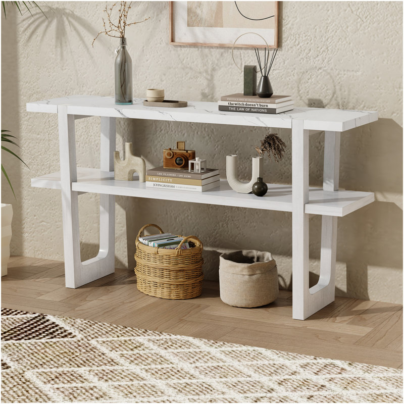 Console étroite avec plateau en marbre, table de hall d'entrée rétro avec tablette ouverte, table de canapé pour le vestibule, le couloir et le salon (blanc antique)