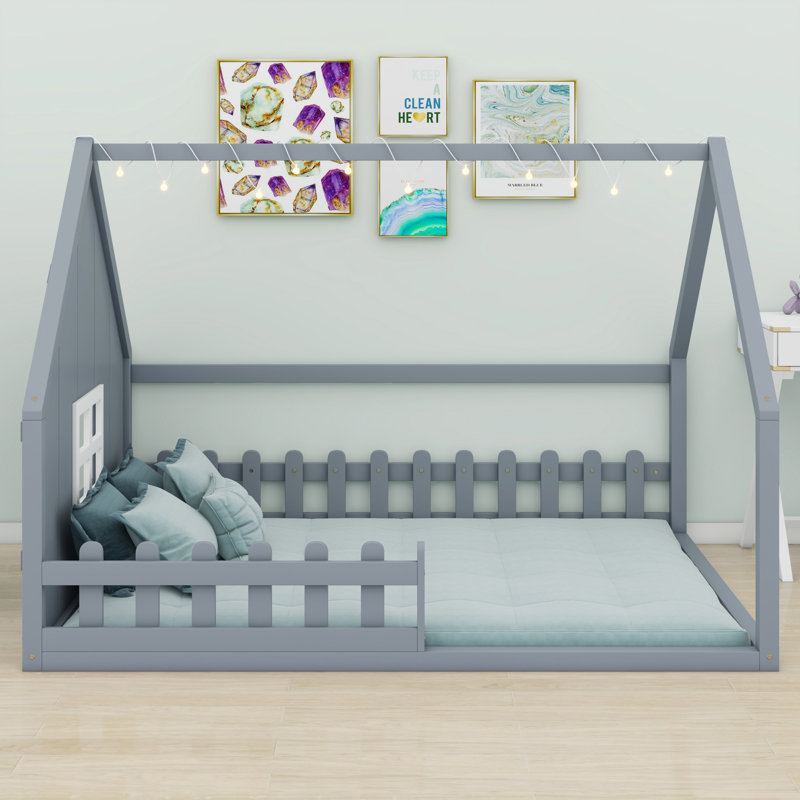 Joli cadre de lit en bois avec fenêtre décorative et clôture, Gray