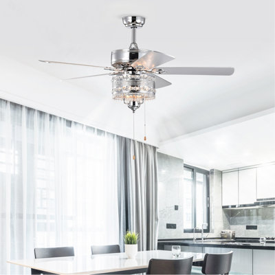 Lampe de ventilateur de plafond classique en cristal chromé 52 po 5 pales réversibles pour salon, salle à manger, chambre à coucher, salle familiale