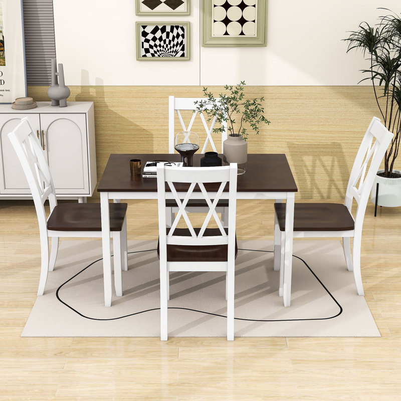 Ensemble de salle à manger 5 pièces en bois avec table de cuisine et 4 chaises à lattes Adalid, Blanc