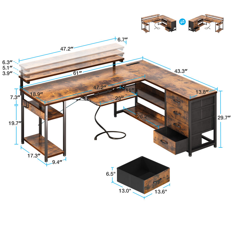 Bureau d'ordinateur en L à hauteur réglable L 61,02 po Lymon, Brun rétro