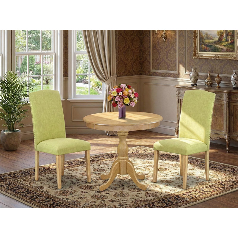 3 Piece DINETTE Set Includes 1 Dining Table and 2 Limelight Linen Fabric Upholstered Dining Chairs High Back with Nail Heads- Oak Finish