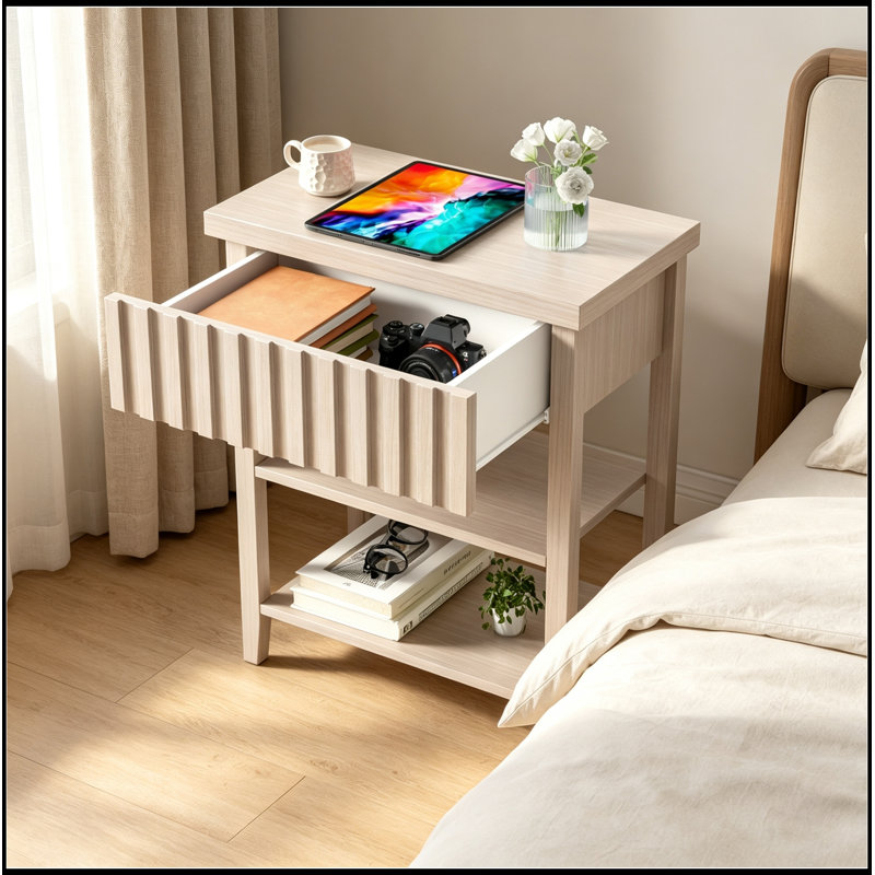 Vikenti avec station de charge, tiroirs et 2 tablettes de rangement ouvertes, Blanc
