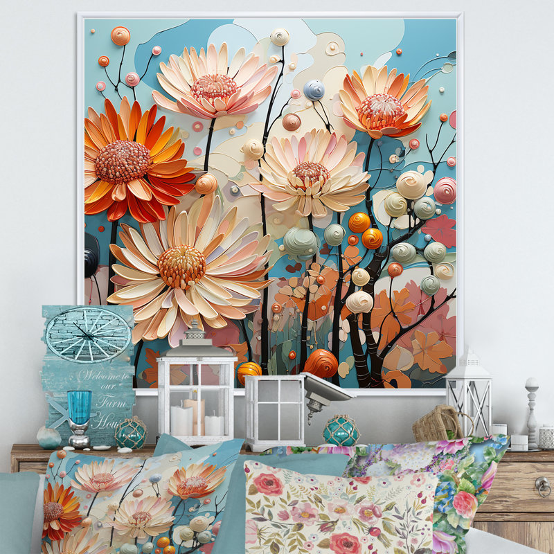 «Soft Elegance Mums Flowers II», reproduction sur toile, Cadre flottant blanc, H 36 po x l 36 po x P 1,5 po