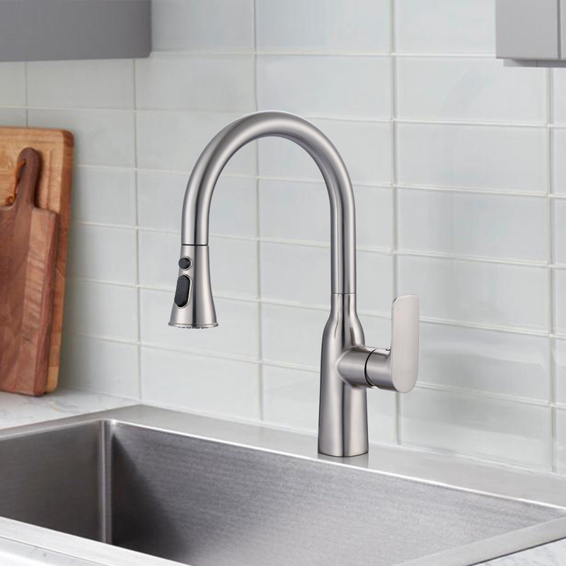 Robinet de cuisine rétractable à poignée simple avec accessoires, Argent