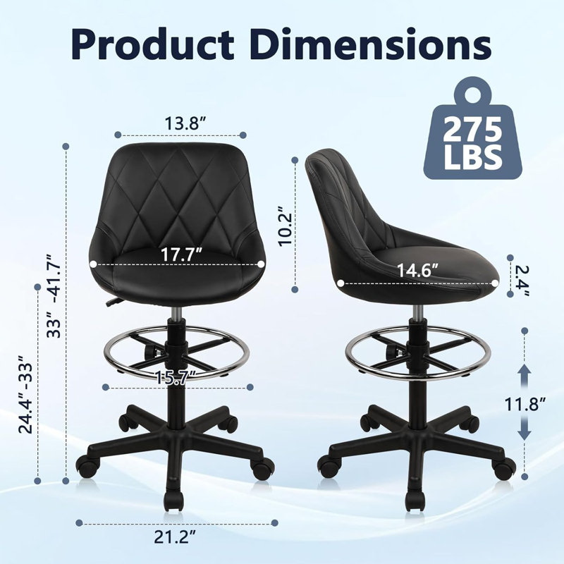  Chaise de dessinateur réglable avec dossier et roulettes, tabouret pivotant haut avec repose-pieds réglable en hauteur, chaise de bureau ergonomique en similicuir pour bar, noir